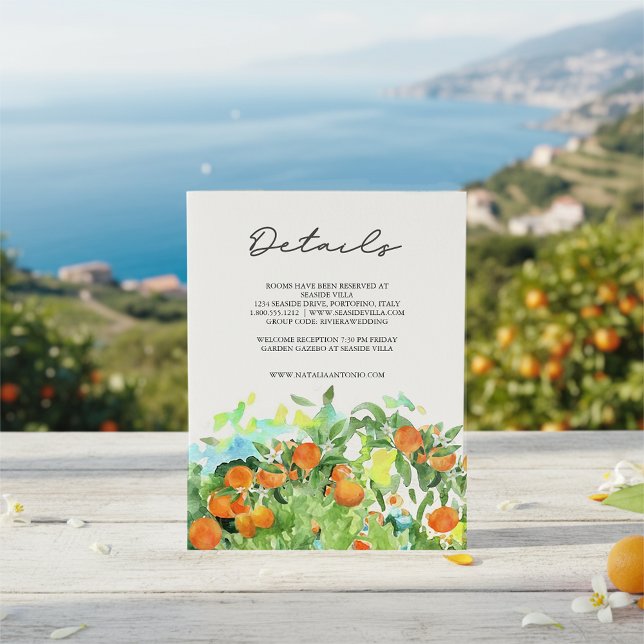 Orange Citrus Blossom Watercolor Hochzeitdetails Begleitkarte (Von Creator hochgeladen)