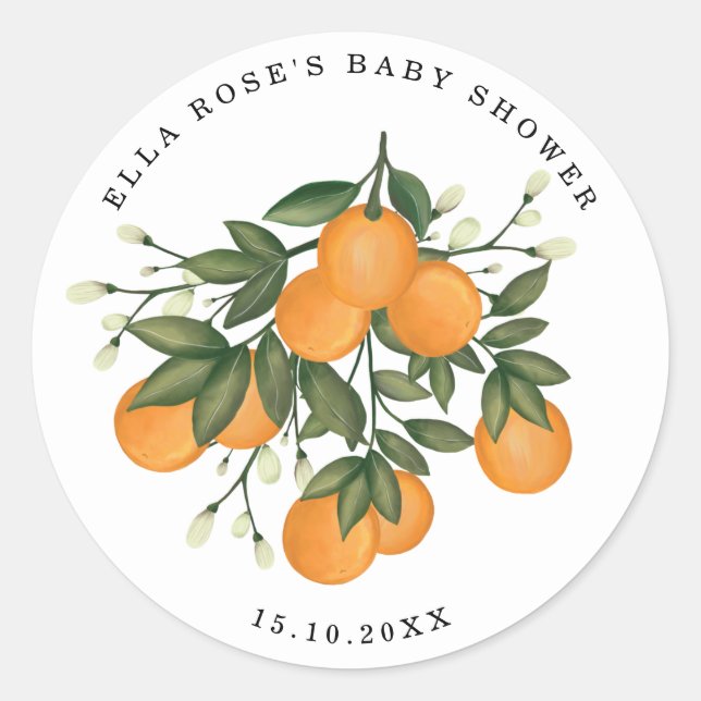 Orange Citrus Botanical Greenerity Baby Shower Gev Runder Aufkleber (Vorderseite)