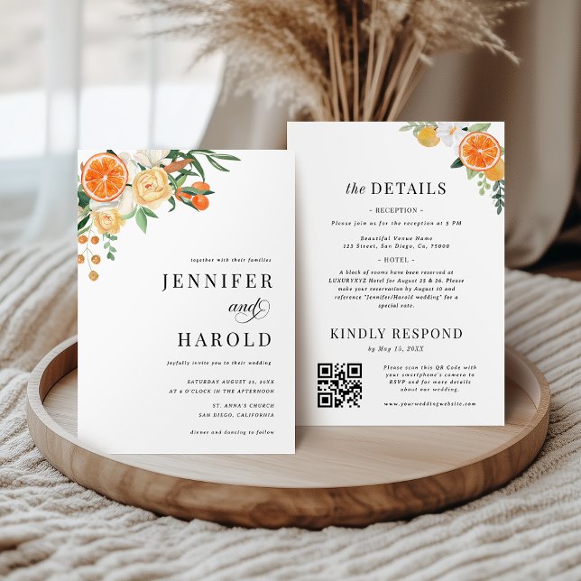 Orange Citrus Floral Minimal All in One Wedding Einladung (Von Creator hochgeladen)