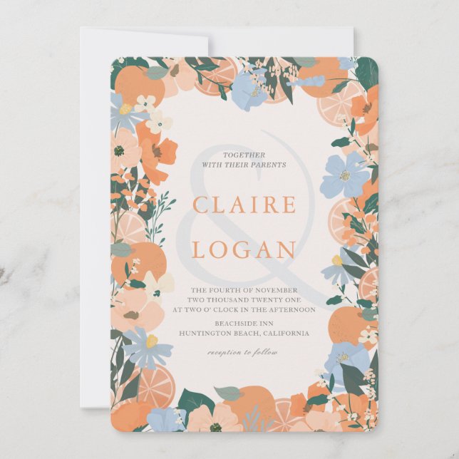 Orange Citrus Floral Wedding Einladung (Vorderseite)