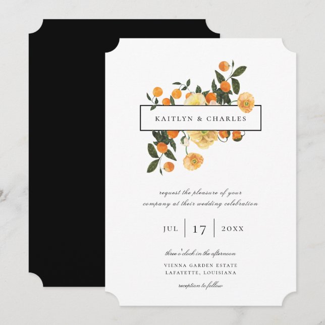 Orange Citrus Floral Wedding Einladung (Vorne/Hinten)
