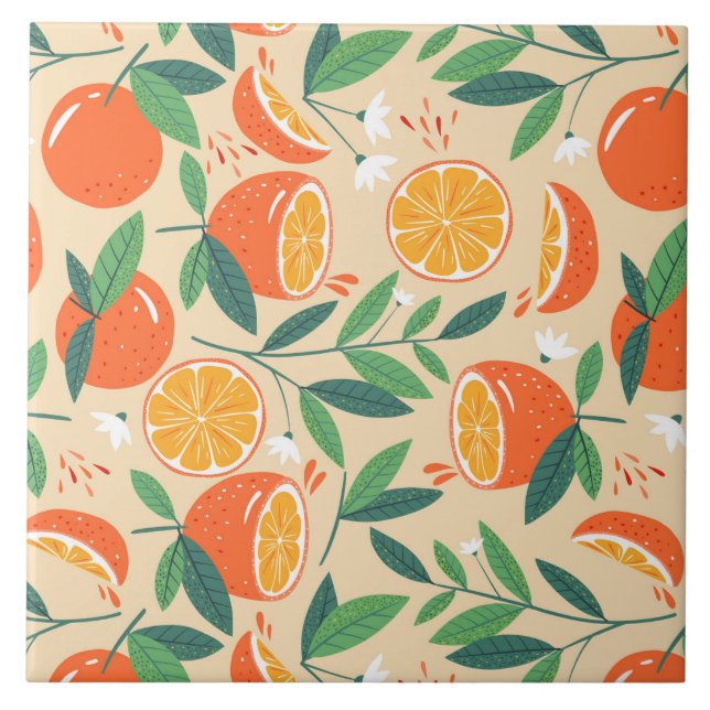 Orange Citrus Frucht Retro Muster Fliese (Vorderseite)