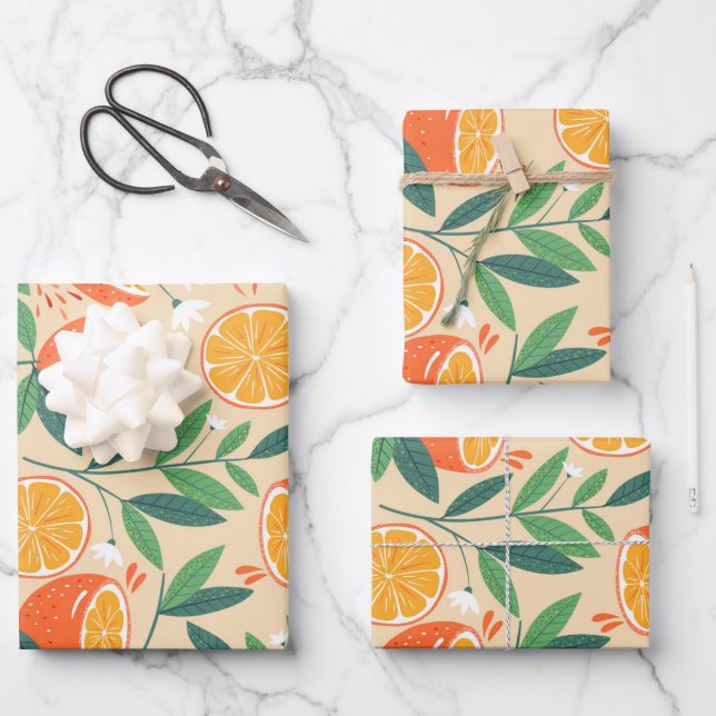 Orange Citrus Frucht Retro Muster Geschenkpapier Set (Vorderseite)
