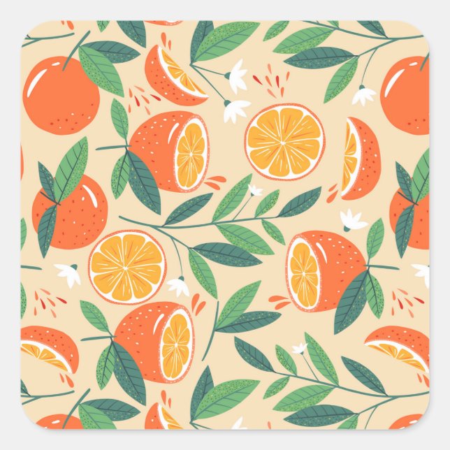 Orange Citrus Frucht Retro Muster Quadratischer Aufkleber (Vorderseite)