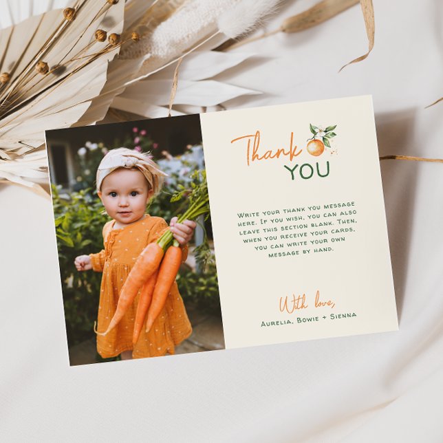Orange Citrus Little Cutie Birthday Party Photo Dankeskarte (Von Creator hochgeladen)