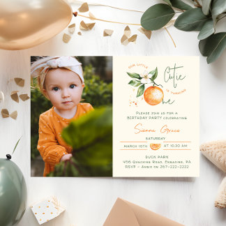 Orange Citrus Little Cutie Erstes Geburtstagsfoto Einladung