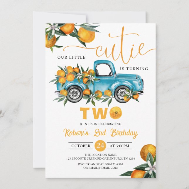 Orange Citrus Little Cutie Invitation du 2e annive (Devant)