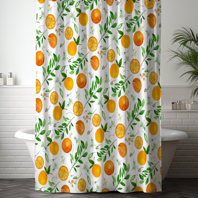 Orange Citrus Sommer Floral Botanisches Muster Duschvorhang (In situ)