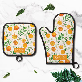 Orange Citrus Sommer Floral Botanisches Muster Ofenhandschuh & Topflappen-Set
