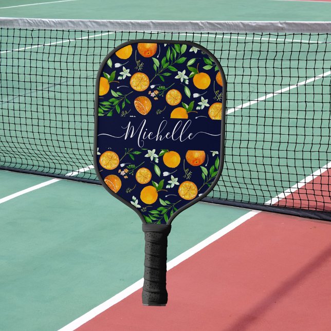 Orange Citrus Sommer Floral Botanisches Muster Pickleball Schläger (In situ)