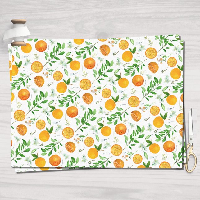 Orange Citrus Sommer Floral Botanisches Muster Seidenpapier (In situ)