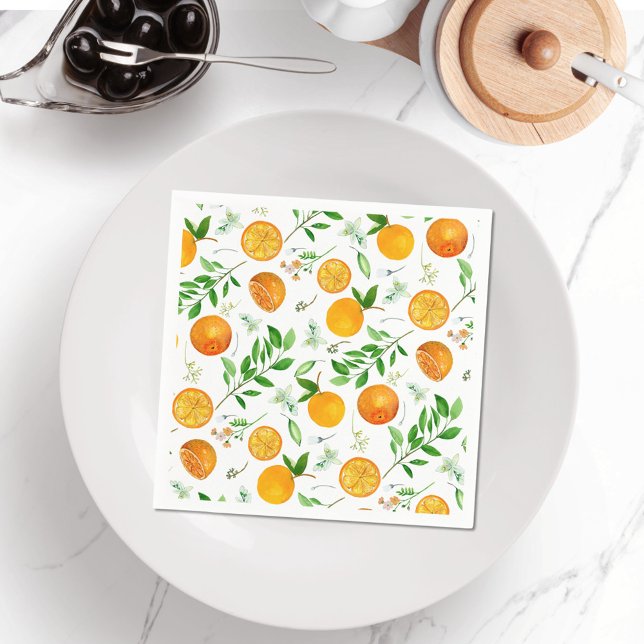 Orange Citrus Sommer Floral Botanisches Muster Serviette (In situ)