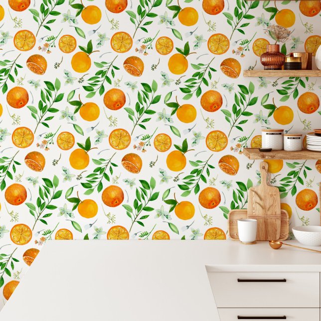 Orange Citrus Sommer Floral Botanisches Muster Tapete (In situ)