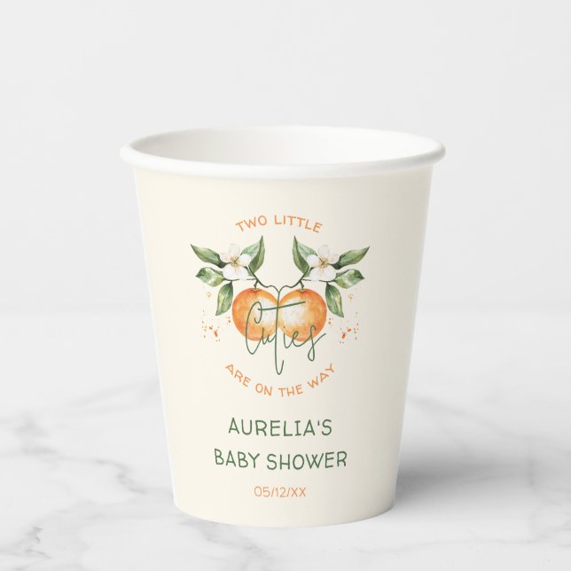 Orange Citrus Two Little Cuties Twin Baby Shower Pappbecher (Vorderseite)