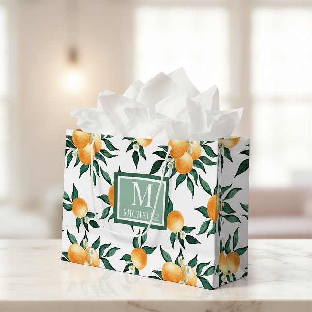 Orange Citrus Watercolor Monogram Name Große Geschenktüte (Von Creator hochgeladen)