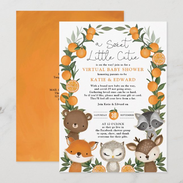 Orange Citrus Woodland Animals Virtual Baby Dusche Einladung (Vorne/Hinten)