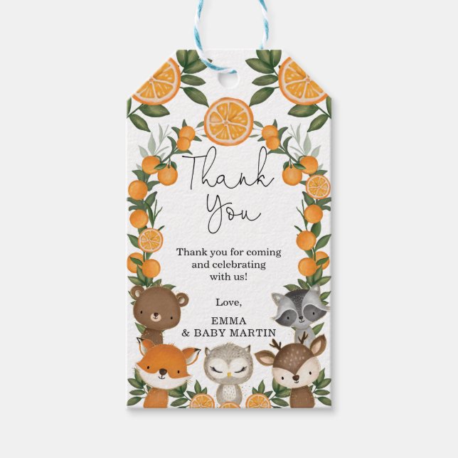 Orange Citrus Woodland Summer Baby Shower Favorite Geschenkanhänger (Vorderseite)