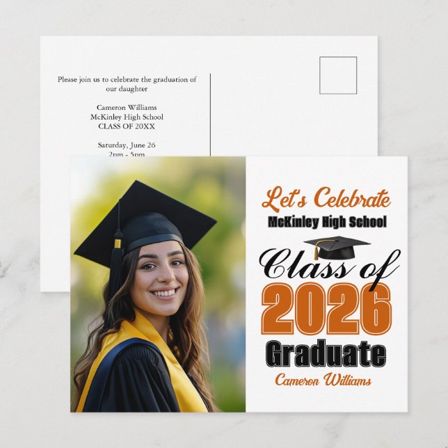 Orange Class of 2026 Photo Graduation Party Einladungspostkarte (Vorne/Hinten)