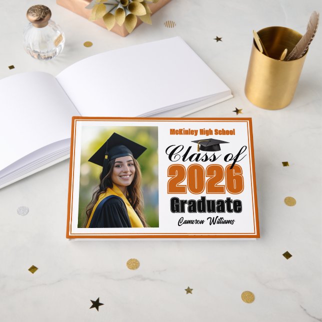 Orange Class of 2026 Photo Small Graduation Gästebuch (Vorderseite Offen)