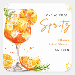 Orange Cocktail Love at First Spritz Brautparty Quadratischer Aufkleber