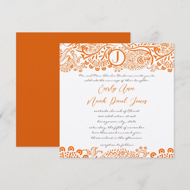 Orange Coral Lovebird Muster Monogram Weddings Einladung (Vorne/Hinten)