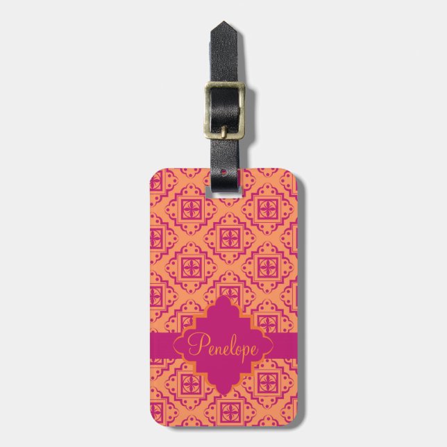 Orange Coral & Magenta Arabesque marokkanische Gra Gepäckanhänger (Vorderseite vertikal)