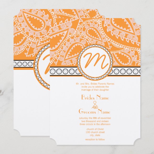 Orange Coral Monogram Paisley Wedding Einladung (Vorne/Hinten)