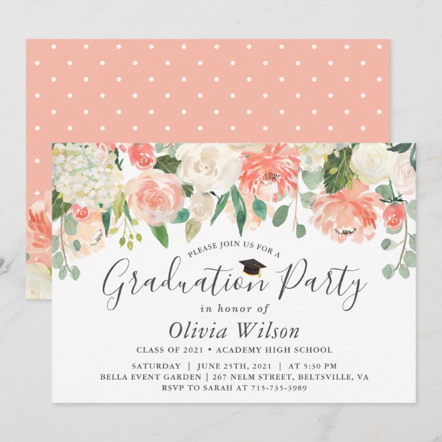 Orange Coral Peach Blume Graduation Party Einladung (Vorne/Hinten)