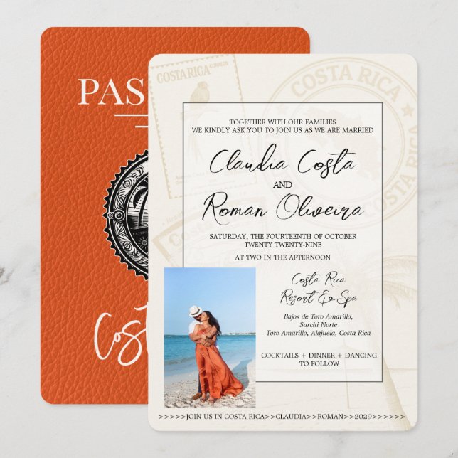 Orange Costa Rica Passport Hochzeitseinladung Einladung (Vorne/Hinten)