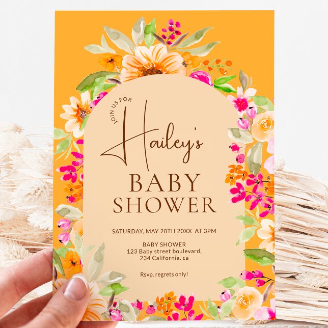 Orange Country Blumenwasser-Farbe Babydusche Einladung (Orange Country floral watercolor Baby shower Invitation)