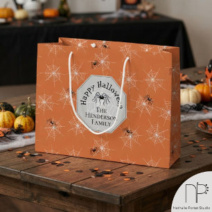 Orange Creepy Spider Webs Custom Halloween Große Geschenktüte