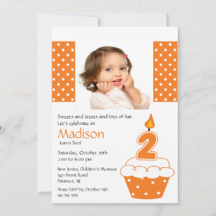 Orange Cupcake Photo Invitation d'anniversaire 2e 