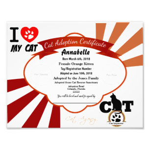 Orange Customizable Cat Adoption Certificate Fotodruck