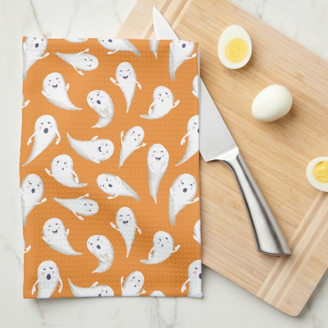 Orange Cute Ghosts Halloween Serviette de cuisine (Quart Plié)