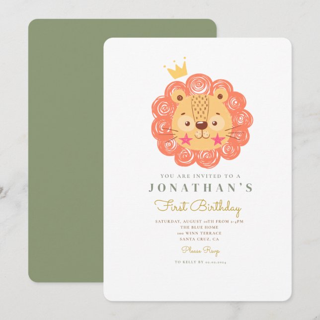 Orange Cute Lion King 1er anniversaire Invitation (Devant / Derrière)