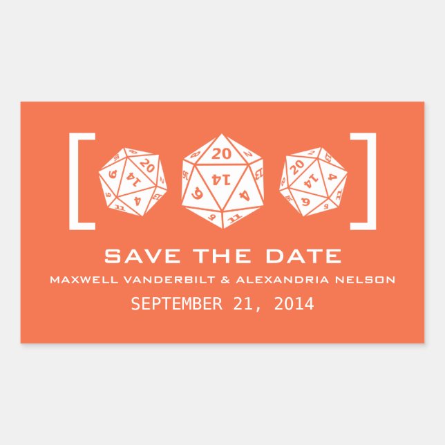 Orange D20 Dice Gamer Save the Date Stickers (Vorderseite)
