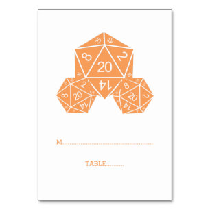 Orange D20 Dice-Platzkarte Tischnummer