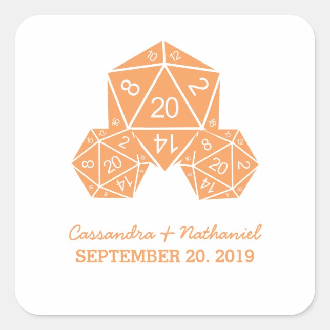 Orange D20 Dice Wedding Stickers (Vorderseite)