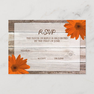 Orange Daisy Barn Wood Wedding RSVP Response Card Karte