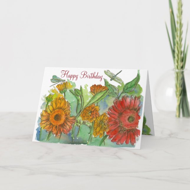 Orange Daisy Blume Dragonfly Happy Birthday Karte (Vorderseite)