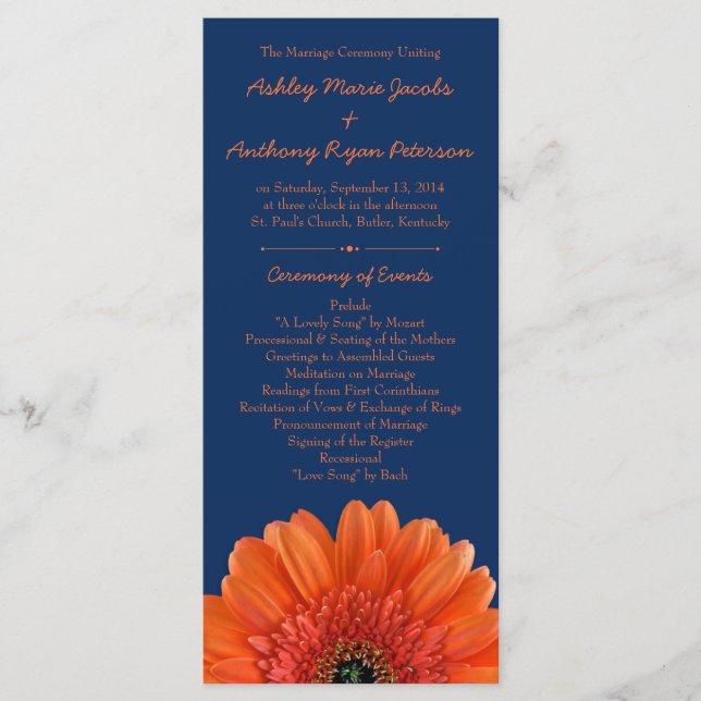 Orange Daisy Blume Navy Blue Wedding Program Programm (Vorderseite)