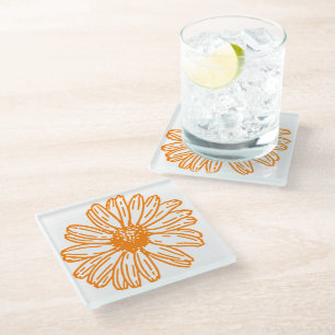 Orange Daisy Blume Print, Vintages Blumenmuster Glasuntersetzer