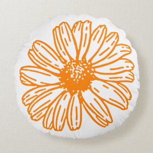 Orange Daisy Blume Print, Vintages Blumenmuster Rundes Kissen