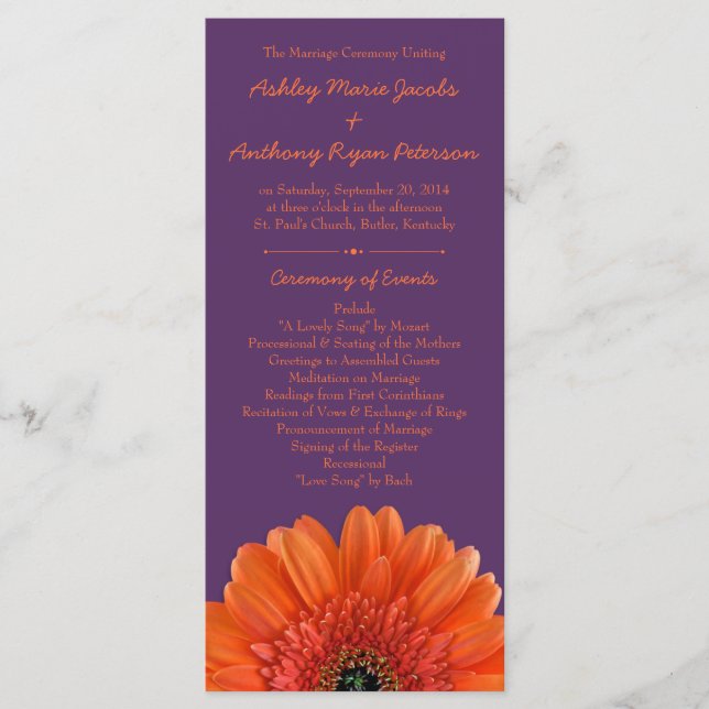 Orange Daisy Flower Purple Wedding Programme (Devant)