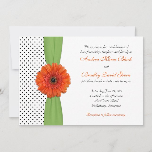 Orange Daisy Green Polka Dot Wedding Einladung (Vorderseite)