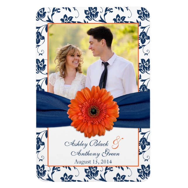 Orange Daisy Navy Blue Floral Mariage Photo Magnet (Vertical)