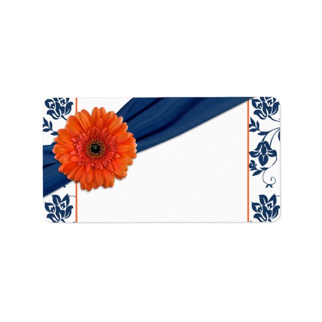 Orange Daisy Navy Damask Wedding Blank Address Adressaufkleber (Vorne)