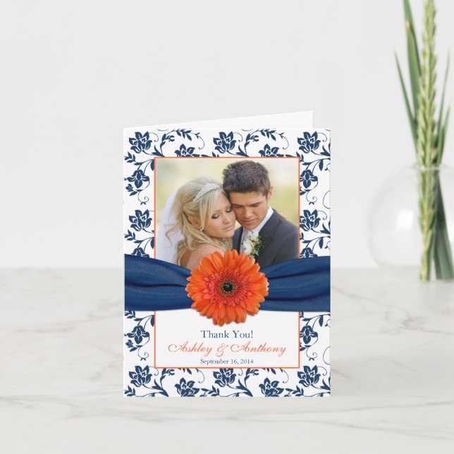 Orange Daisy Navy Damask Wedding Dankeschön Karte (Vorderseite)