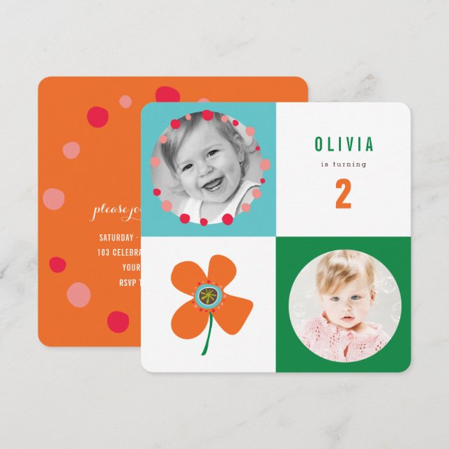 Orange Daisy Pop Square Girl I L'Orte Birthday Fot Einladung (Vorne/Hinten)
