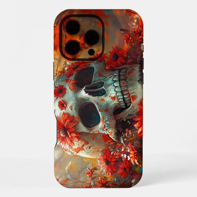 Orange Daisy Skull iPhone 16 Pro Max Hülle (Rückseite)